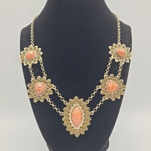 Vintage Coral Cabochon Statement Necklace Gold Tone Floral Bib Boho